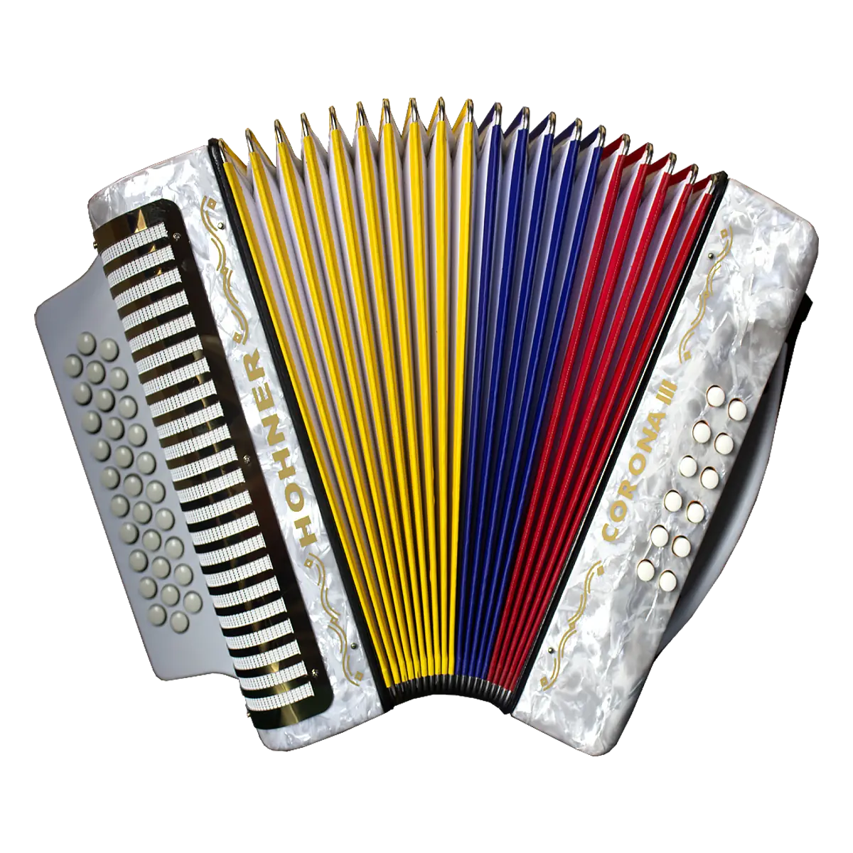 Acordeón Hohner Corona III Blanco con Fuelle Tricolor y Dorado
