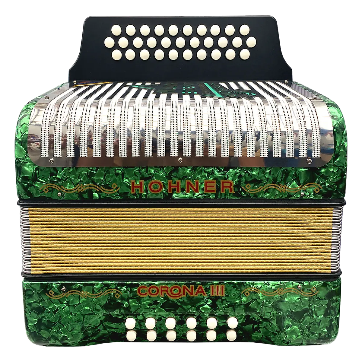 Acordeón Hohner Corona III Verde con Fuelle Dorado y Diapasón Negro
